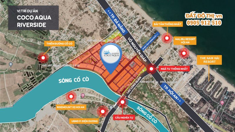 Vị trí dự án Coco Aqua Riverside nằm ngay góc giao 3 đại lộ ven biển: Trường Sa – Lạc Long Quân - Đường ven sông Cổ Cò và giáp Siêu dự án nghỉ dưỡng